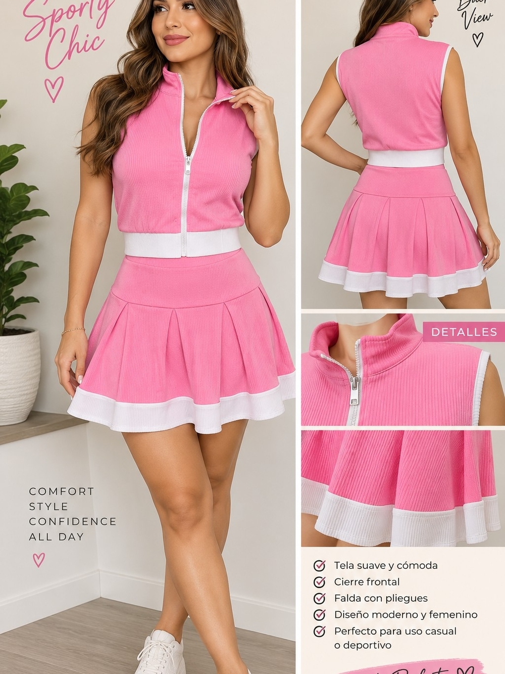 Pink Sleeveless Zip-Front Pleated Skirt Set